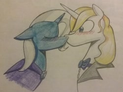 Size: 1792x1344 | Tagged: safe, artist:ponime11, derpibooru import, prince blueblood, trixie, pony, bluetrix, female, kissing, male, shipping, straight, traditional art