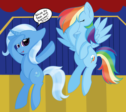 Size: 3000x2647 | Tagged: safe, artist:rainbowtashie, derpibooru import, rainbow dash, trixie, pegasus, pony, facehoof, female, lesbian, shipping, silly, stage, trixdash