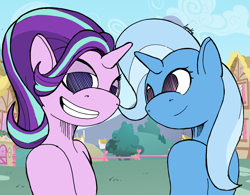 Size: 3264x2544 | Tagged: safe, artist:darka01, derpibooru import, starlight glimmer, trixie, anthro, unicorn, comic style, digital painting, female, smiling