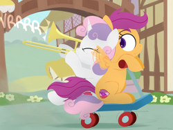 Size: 2560x1920 | Tagged: safe, artist:dtcx97, scootaloo, sweetie belle, pegasus, pony, unicorn, duo, duo female, female, filly, musical instrument, scooter, trombone