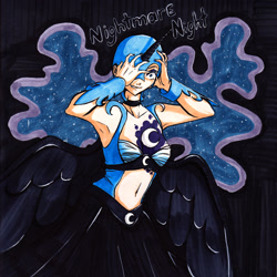 Size: 2456x2456 | Tagged: safe, artist:jack-soldier-blue, nightmare moon, princess luna, human, armor, armor skirt, armpits, belly button, clothes, costume, humanized, midriff, nightmare night, nightmare night costume, skirt, solo, traditional art