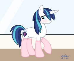 Size: 970x796 | Tagged: safe, artist:jacksterqueen, shining armor, pony, unicorn, blushing, clothes, mirror, socks, solo