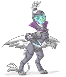 Size: 1200x1400 | Tagged: safe, artist:flutterthrash, derpibooru import, oc, semi-anthro, armor, bipedal, commission, griffon oc, helmet, league of legends, looking at you, simple background, solo, spread wings, white background, wings