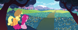 Size: 8000x3148 | Tagged: safe, artist:qsteel, applejack, pinkie pie, earth pony, pony, absurd resolution, duo, road, scenery, wallpaper