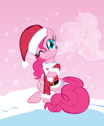 Size: 1752x2112 | Tagged: safe, artist:leadhooves, artist:shelltoon, pinkie pie, earth pony, pony, christmas, christmas ponies, clothes, hat, santa costume, santa hat, snow, snowfall