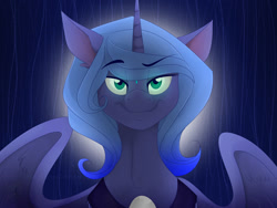 Size: 900x675 | Tagged: dead source, safe, artist:mirunacipsi, princess luna, alicorn, pony, ear fluff, looking at you, raised eyebrow, s1 luna, smirk, solo, spread wings