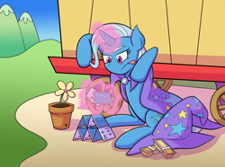Size: 1920x1431 | Tagged: safe, artist:zanefir-dran, derpibooru import, trixie, pony, unicorn, cape, card, clothes, crackers, female, food, hat, house of cards, mare, peanut butter, peanut butter crackers, solo, trixie's cape, trixie's hat