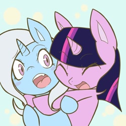 Size: 1024x1024 | Tagged: safe, artist:jyanome, artist:oboromuramasa11, derpibooru import, trixie, twilight sparkle, pony, unicorn, blushing, female, hug, lesbian, mare, shipping, twixie