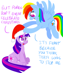 Size: 550x637 | Tagged: safe, artist:ponett, derpibooru import, rainbow dash, twilight sparkle, pegasus, pony, christmas, hat, santa hat