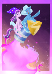 Size: 3507x4960 | Tagged: safe, artist:dankpegasista, derpibooru import, starlight glimmer, trixie, pony, adventure, clothes, duo, duo female, female, hat, poster, rocket, space, stripes, toy interpretation, trixie's hat, trixie's rocket