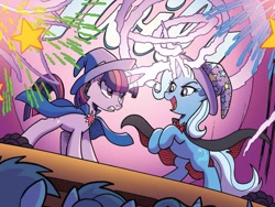 Size: 1117x842 | Tagged: safe, artist:tonyfleecs, derpibooru import, idw, trixie, twilight sparkle, unicorn twilight, pony, unicorn, nightmare knights, spoiler:comic, spoiler:comicnightmareknights03, cape, clothes, duo, female, hat, mare, rearing, stage, the great and powerful roxy, the great and powerful twily, top hat, trixie's hat, wizard hat