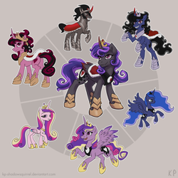 Size: 2000x2000 | Tagged: safe, artist:kp-shadowsquirrel, king sombra, princess cadance, princess luna, alicorn, pony, unicorn, curved horn, fusion, fusion diagram, hexafusion, raised hoof, rearing