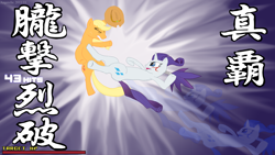 Size: 1920x1080 | Tagged: safe, artist:angerelic, applejack, rarity, earth pony, pony, unicorn, endless frontier, fabulously owned, flying kick, karate, martial artist rarity, martial arts, parody