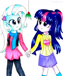 Size: 1393x1672 | Tagged: safe, artist:liaaqila, derpibooru import, sci-twi, trixie, twilight sparkle, equestria girls, clothes, cute, diatrixes, female, hairpin, holding hands, holly, holly mistaken for mistletoe, lesbian, mistletoe, scarf, sci-twixie, shipping, sweater, traditional art, twiabetes, twixie