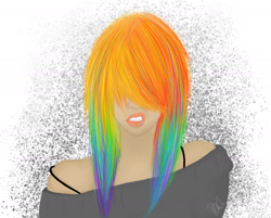 Size: 1618x1302 | Tagged: safe, artist:ouyrof, rainbow dash, clothes, female, humanized, multicolored hair, simple background