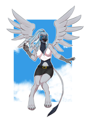 Size: 1200x1644 | Tagged: safe, artist:melamoryblack, derpibooru import, oc, oc only, oc:rio azura, anthro, digitigrade anthro, griffon, anthro oc, beautiful, belt, clothes, female, griffon oc, hair highlight, legs, long hair, midriff, miniskirt, ponytail, short shirt, skirt, sky, solo, sports bra