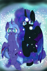 Size: 600x900 | Tagged: safe, artist:banoodle, nightmare moon, princess luna, alicorn, pony, cloven hooves, dreamscape, duality, nicemare moon, s1 luna, underhoof, unshorn fetlocks