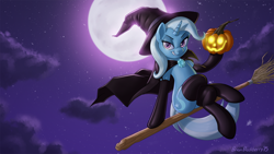 Size: 1920x1080 | Tagged: safe, artist:brianblackberry, trixie, pony, unicorn, bedroom eyes, broom, cape, clothes, cloud, crossed legs, evening gloves, female, flying, flying broomstick, full moon, gloves, grin, hat, jack-o-lantern, latex, latex gloves, looking at you, mare, moon, night, night sky, pumpkin, sitting, smiling, socks, solo, stars, thigh highs, wallpaper, witch, witch hat