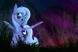 Size: 600x400 | Tagged: safe, artist:banoodle, princess luna, alicorn, pony, filly, night, open mouth, smiling, solo, spread wings, stars, woona