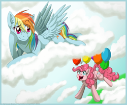 Size: 800x658 | Tagged: safe, artist:inuhoshi-to-darkpen, pinkie pie, rainbow dash, earth pony, pegasus, pony, balloon, cloud, cloudy, female, lesbian, pinkiedash, shipping, then watch her balloons lift her up to the sky
