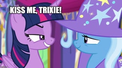 Size: 888x499 | Tagged: safe, derpibooru import, edit, edited screencap, screencap, trixie, twilight sparkle, twilight sparkle (alicorn), alicorn, pony, unicorn, no second prances, caption, eye contact, female, grin, image macro, lesbian, lidded eyes, looking at each other, mare, meme, shipping, smiling, smirk, text, twixie
