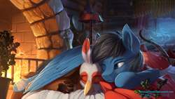 Size: 1920x1080 | Tagged: safe, artist:discordthege, derpibooru import, oc, oc only, oc:gretchen, oc:quicksilver, griffon, pony, fanfic:where the heart lies, commission, couple, cuddling, fanfic art, female, fireplace, griffon oc, male, night, oc x oc, pillow, shipping, sleeping, stallion, straight, window