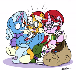 Size: 4488x4194 | Tagged: safe, artist:bobthedalek, derpibooru import, starlight glimmer, sunburst, trixie, pony, unicorn, absurd resolution, chair, christmas, clothes, costume, glare, glasses, glowing horn, hat, hearth's warming eve, holiday, inconvenient trixie, lip bite, magic, present, sack, santa costume, santa hat, santa sack, starlight is not amused, telekinesis, unamused