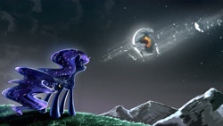 Size: 4800x2700 | Tagged: safe, artist:flamevulture17, princess luna, alicorn, pony, debris, moon, mountain, night, solo, stars