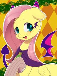 Size: 900x1200 | Tagged: safe, artist:ayahana, fluttershy, pegasus, pony, clothes, cute, fangs, female, halloween, looking at you, mare, open mouth, shyabetes, smiling, socks, solo, thigh highs