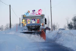 Size: 1162x778 | Tagged: safe, derpibooru import, applejack, big macintosh, fluttershy, pinkie pie, rainbow dash, rarity, twilight sparkle, pony, irl, mane six, photo, ponies in real life, snow, snow plow