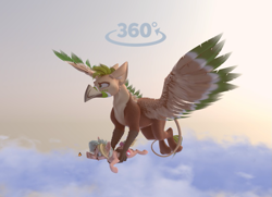 Size: 1069x775 | Tagged: safe, artist:v747, derpibooru import, oc, oc only, oc:ralek, oc:teacup cake, earth pony, griffon, pony, 3d, carrying, cloud, flying, griffon oc, holding a pony