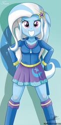 Size: 645x1321 | Tagged: safe, artist:the-butch-x, derpibooru import, trixie, equestria girls, beautiful, beautiful x, clothes, cute, diatrixes, explicit source, female, grin, hand on hip, hoodie, kneesocks, looking at you, skirt, smiling, socks, solo
