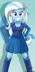 Size: 645x1321 | Tagged: safe, artist:the-butch-x, derpibooru import, trixie, equestria girls, beautiful, beautiful x, breasts, cleavage, confident, cute, diatrixes, explicit source, female, hand on hip, looking at you, smiling, solo