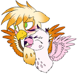 Size: 1510x1446 | Tagged: safe, artist:mynder, derpibooru import, oc, oc:ember burd, oc:rosa, griffon, blushing, bust, chirping, colored sketch, colored wings, duo, eared griffon, eyes closed, female, freckles, griffon oc, happy, multicolored wings, nuzzling, simple background, smiling, spread wings, transparent background, wings