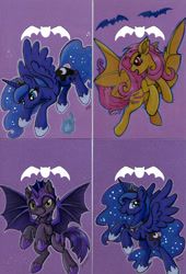 Size: 859x1264 | Tagged: safe, artist:jenkiwi, fluttershy, princess luna, alicorn, bat, bat pony, pony, female, flutterbat, mare, night guard, rearing, spread wings, traditional art