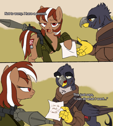 Size: 2480x2760 | Tagged: safe, artist:mellowhen, derpibooru import, oc, oc only, oc:roulette, griffon, fallout equestria, 2 panel comic, armor, clothes, comic, dialogue, griffon oc, hoof hold, looking at you, meme, meme origin, military, ncr, open mouth, parks and recreation, rocket launcher, ron swanson, rpg-7