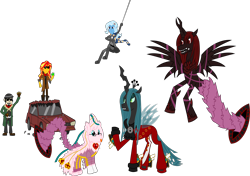 Size: 15398x10847 | Tagged: safe, artist:jewelsfriend, derpibooru import, queen chrysalis, sunset shimmer, trixie, oc, oc:fluffle puff, oc:marksaline, changeling, changeling queen, equestria girls, absurd resolution, bayonetta, crossover, dan, dan vs, enzo, jeanne, luka, rodin