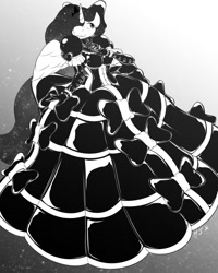 Size: 1024x1280 | Tagged: safe, artist:helixjack, princess luna, alicorn, anthro, bow, clothes, commission, dress, gloves, goth, gown, latex, latex dress, monochrome, poofy shoulders, rubber, solo