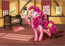 Size: 900x629 | Tagged: safe, artist:whiteeyedcat, pinkie pie, pound cake, pumpkin cake, earth pony, pony, cake twins, eyes closed