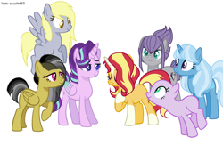 Size: 2056x1344 | Tagged: safe, artist:the-75th-hunger-game, derpibooru import, daring do, derpy hooves, maud pie, starlight glimmer, sunset shimmer, trixie, alicorn, earth pony, pegasus, pony, unicorn, alicornified, alternate hairstyle, alternate universe, blaze (coat marking), colored wings, colored wingtips, female, mare, race swap, simple background, socks (coat marking), starlicorn, white background, wip, xk-class end-of-the-world scenario