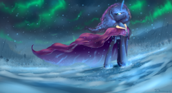 Size: 2220x1200 | Tagged: dead source, safe, artist:shamanguli, princess luna, alicorn, pony, army, aurora borealis, cape, clothes, night, snow, solo, winter