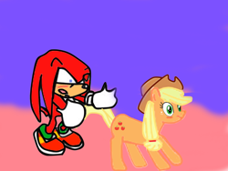 Size: 960x720 | Tagged: safe, artist:kaiamurosesei, applejack, earth pony, pony, appleknux, crossover, crossover shipping, female, interspecies, knuckles the echidna, love, male, shipping, sonic the hedgehog (series), straight