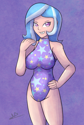 Size: 1280x1920 | Tagged: safe, artist:wolfy-pony, derpibooru import, trixie, human, breasts, clothes, female, humanized, one-piece swimsuit, solo, swimsuit, titsie