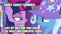 Size: 888x499 | Tagged: safe, derpibooru import, edit, edited screencap, screencap, trixie, twilight sparkle, twilight sparkle (alicorn), alicorn, pony, unicorn, no second prances, bedroom eyes, caption, dialogue, eye contact, female, image macro, lesbian, lidded eyes, looking at each other, mare, meme, shipping, smiling, smirk, text, twixie
