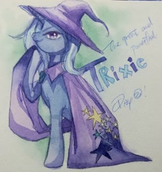 Size: 1280x1354 | Tagged: safe, artist:mbanqiem, derpibooru import, trixie, pony, unicorn, cape, clothes, female, hat, mare, raised hoof, smiling, smirk, solo, traditional art, trixie's cape, trixie's hat