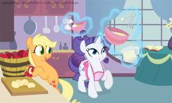 Size: 900x540 | Tagged: safe, artist:egophiliac, applejack, rarity, earth pony, pony, unicorn, apple, baking, duo, food, magic