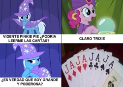 Size: 843x594 | Tagged: safe, derpibooru import, pinkie pie, trixie, earth pony, pony, unicorn, card, female, madame pinkie, mare, spanish, translated in the comments, turban