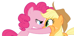 Size: 900x438 | Tagged: safe, artist:bednarowski, applejack, pinkie pie, earth pony, pony, bedroom eyes, imminent kissing, simple background