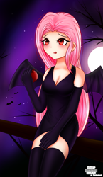 Size: 1103x1906 | Tagged: safe, artist:vanillafox2035, fluttershy, bat pony, human, scare master, apple, blushing, cleavage, clothes, dress, evening gloves, fangs, female, flutterbat, flutterbat costume, gloves, humanized, moon, night, open mouth, socks, solo, thigh highs