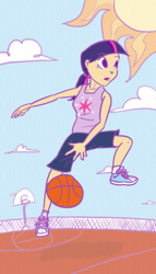 Size: 400x700 | Tagged: safe, artist:kymsnowman, derpibooru import, twilight sparkle, human, basketball, clothes, female, humanized, ponytail, shoes, sneakers, solo, sports, tanktop